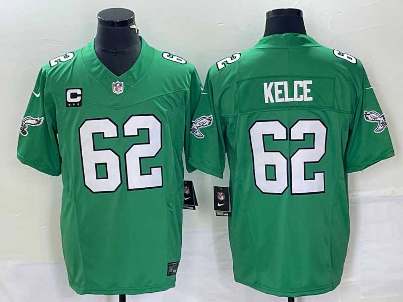 Men%27s Philadelphia Eagles #62 Jason Kelce Green C Patch 2023 FUSE Vapor Limited Throwback Stitched Jersey->philadelphia eagles->NFL Jersey